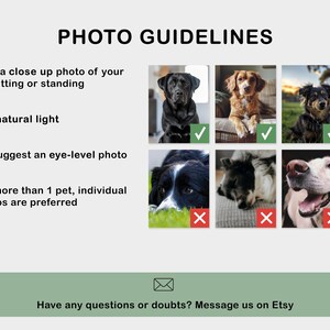 May include: Photo guidelines for taking pictures of pets for a custom portrait.  The guidelines suggest taking a close-up photo of the pet sitting or standing, using natural light, and taking an eye-level photo.  The guidelines also suggest taking individual photos of multiple pets.  The image shows examples of good and bad photos.