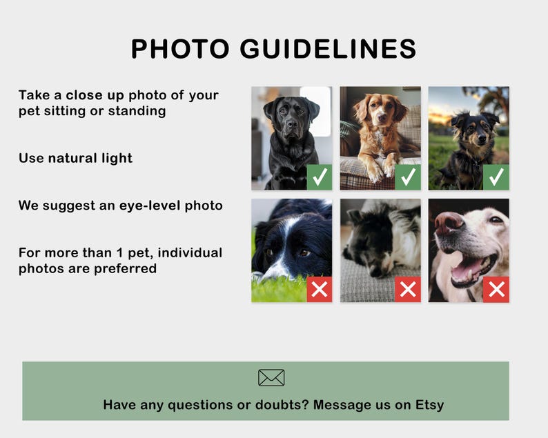May include: Photo guidelines for taking pictures of pets for a custom portrait.  The guidelines suggest taking a close-up photo of the pet sitting or standing, using natural light, and taking an eye-level photo.  The guidelines also suggest taking individual photos of multiple pets.  The image shows examples of good and bad photos.