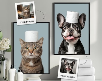 Bathroom Pet Portrait Photo, Funny Dog Bathroom Art, Dog on Toilet Poster, Custom Dog Wall Art, Dog with Toilet Paper, Personalized pet gift