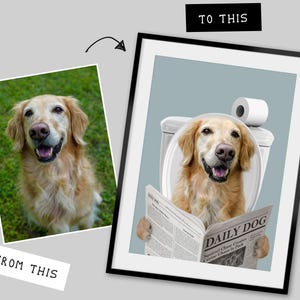 Perro leyendo el periódico en el inodoro, retrato personalizado de mascota, póster divertido para el baño, perro en el inodoro, regalo para dueño de mascota, póster personalizado para el baño de mascotas imagen 4