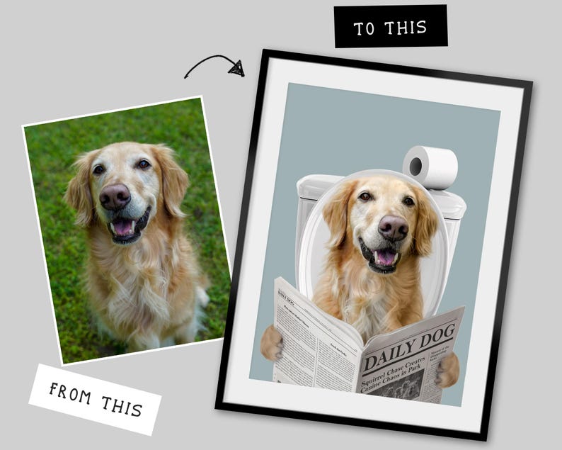 Perro leyendo el periódico en el inodoro, retrato personalizado de mascota, póster divertido para el baño, perro en el inodoro, regalo para dueño de mascota, póster personalizado para el baño de mascotas imagen 4