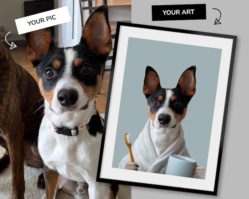 Individuelles Hunde Portrait Badezimmer, Hund Badezimmer Kunst, Haustier Besitzer Geschenk, Lustiges Badezimmer Poster, Hund in Toilette, Hund liest Zeitung auf Toilette Bild 9