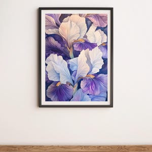 White and Purple Iris Flowers Wall Art Digital Poster Print