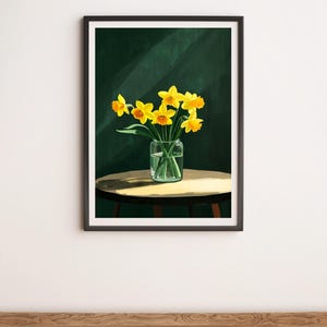 Gelbe Narzissen im Glas mit grünem Hintergrund Wall Art Digitales Poster Print