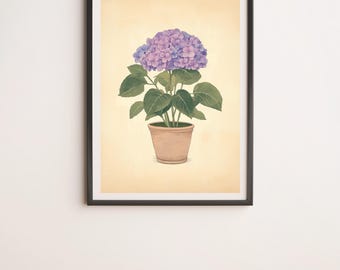 May include: A framed illustration of a potted hydrangea plant with purple flowers and green leaves on a light yellow background.