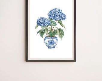 Blue Hydrangea in a Ceramic Pot Botanical Illustration Wall Art Digital Poster Print