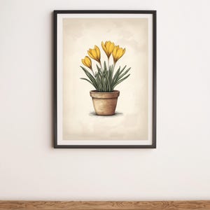 Puede incluir: Una ilustración enmarcada de una planta en maceta con flores de crocus amarillas. La planta está en una maceta de terracota marrón y el fondo es de color beige claro.
