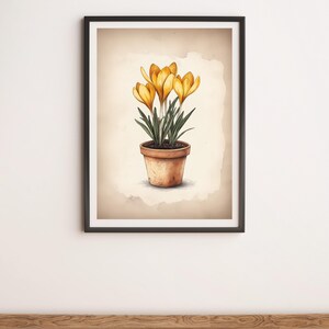 Puede incluir: Una ilustración enmarcada de una flor de crocus amarilla en maceta con hojas verdes sobre un fondo beige.