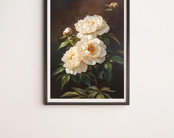 Creamy Peonies in the Brown Background Wall Art Digital Poster Print