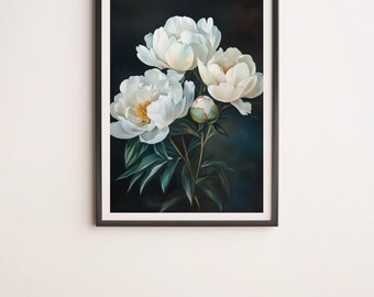 White Peonies in the Dark Background Wall Art Digital Poster Print