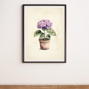 Peut inclure: Une peinture à l'aquarelle d'un plant d'hortensia violet dans un pot en terre cuite. La plante est dans un cadre noir et l'arrière-plan est beige clair.