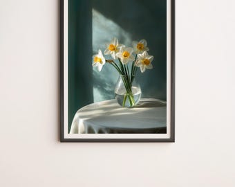 朝の光の中でテーブルに置かれたガラスの花瓶に入った水仙の壁アート デジタルポスタープリント