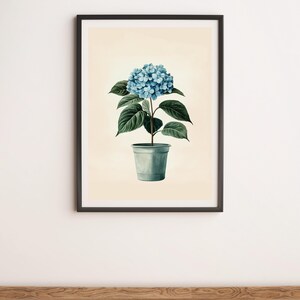 Blue Hydrangea in a Blue Pot Botanical Illustration Wall Art Digital Poster Print