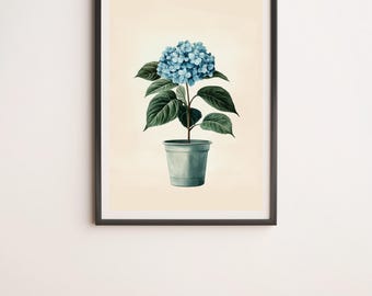 Blue Hydrangea in a Blue Pot Botanical Illustration Wall Art Digital Poster Print
