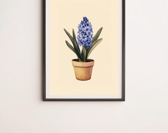 Blue Hyacinth in a Pot Botanical Illustration Wall Art Digital Poster Print