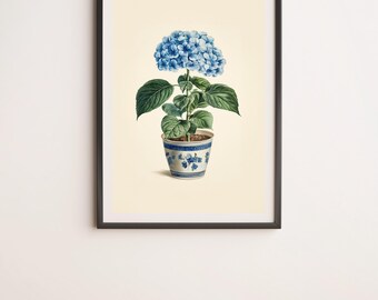 Blue Hydrangea in a Pot Botanical Illustration Wall Art Digital Poster Print