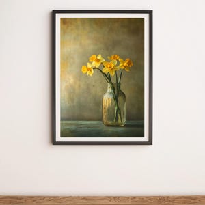 Gelbe Narzissen im Glas auf gelbem Hintergrund Wandkunst Digitales Poster Druck