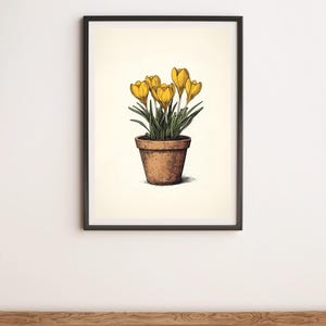 May include: A framed illustration of a potted plant with yellow crocus flowers. The plant is in a brown terracotta pot and the background is a cream colour.