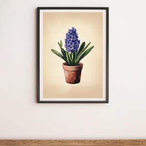 Dark Blue Hyacinth in a Pot Botanical Illustration Wall Art Digital Poster Print
