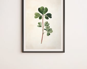 Może przedstawiać: Ilustracja botaniczna w ramie przedstawiająca zieloną roślinę z czerwonym pniem na kremowym tle.