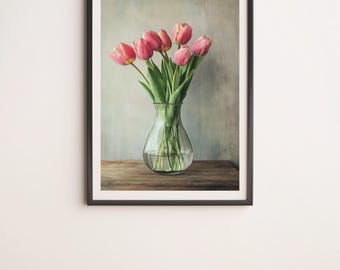Pink Tulips in a Glass Vase Wall Art Digital Poster Print