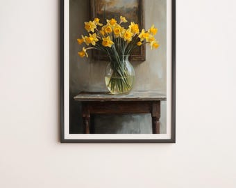 テーブルの上のガラスの花瓶に入った水仙の壁アート デジタルポスタープリント