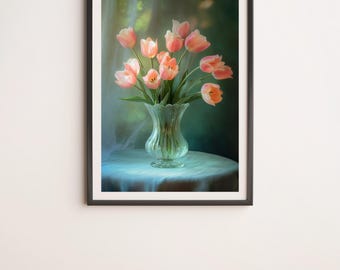 Pink Tulips in a Glass Vase Wall Art Digital Poster Print