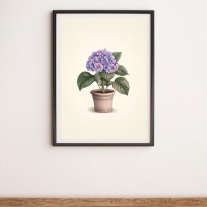Peut inclure: Une impression encadrée d'une illustration aquarelle d'un plant d'hortensia en pot avec des fleurs violettes et des feuilles vertes.