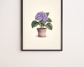 May include: A framed print of a watercolor illustration of a potted hydrangea plant with purple flowers and green leaves.