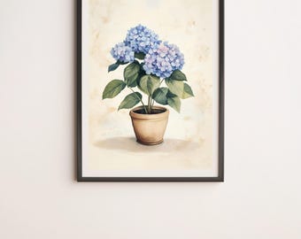 Pale Blue Hydrangea in a Pot Vintage Style Botanical Illustration Wall Art Digital Poster Print