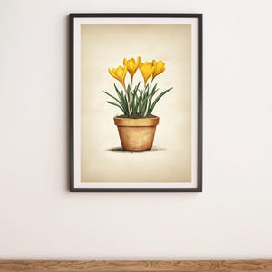 May include: A framed illustration of a potted plant with yellow crocus flowers. The plant is in a terracotta pot and the background is a light beige color.