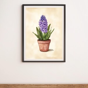 Purple Hyacinth in a Pot Botanical Illustration Wall Art Digital Poster Print