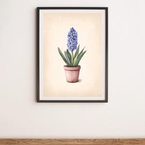 Blue Hyacinth in a Pot Vintage Style Botanical Illustration Wall Art Digital Poster Print