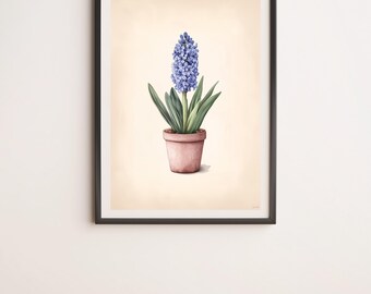 Blue Hyacinth in a Pot Vintage Style Botanical Illustration Wall Art Digital Poster Print