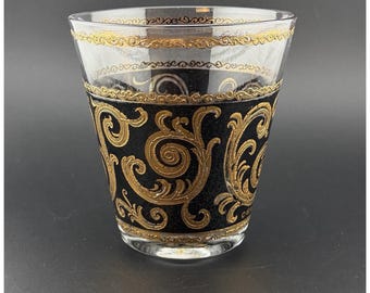 Vintage MCM Culver Ebony Baroque Rocks Old Fashioned Glass 22K Gold