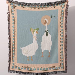 Cute Goose Blanket Blue Decor Farm Animals Gift Pastel Farmhouse Country Cottagecore Kids Bedding Maximalist Eclectic Unique Woven Blanket
