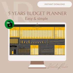 May include: A computer screen displaying a 5 year budget planner spreadsheet in an Excel file. The spreadsheet is organized into categories such as income, mandatory expenses, investment expenses, savings to spend, savings, and expenses. The spreadsheet is designed to help users track their finances and plan for the future.