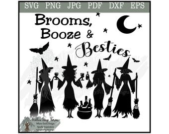 May include: Black and white graphic featuring the text "Brooms, Booze & Besties" with silhouettes of witches, bats, stars, and a crescent moon. The witches are holding drinks, brooms, and bottles.