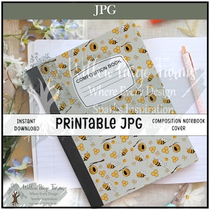 Bee Composition Notebook Cover Printable: Sage Green Honeycomb Design (JPG Download 6.9&quot; x 10&quot;)