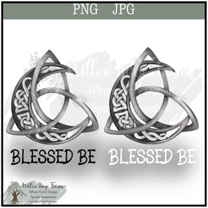 May include: Two black and white illustrations of a crescent moon intertwined with a Celtic knot design. The text "Blessed Be" is written below each image.