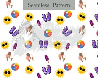 Summer Fun Seamless Pattern: Beach, Sun, Flip Flops (JPG File)