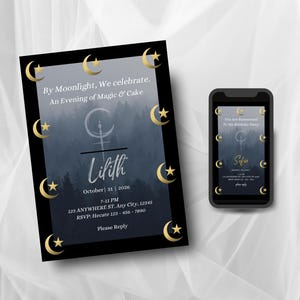 May include: An invitation and a smartphone display a design with a mystical theme. The invitation features the text "By Moonlight, We celebrate. An Evening of Magic & Cake" and the name "Lilith". The smartphone shows a similar design with the name "Sofin".