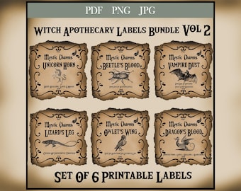 May include: Set of six printable witch apothecary labels with a vintage aesthetic. Each label features a different mythical creature and ingredient name, such as "Unicorn Horn" and "Dragon's Blood".