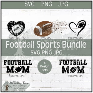 May include: A digital download bundle of five football-themed SVG, PNG, and JPG designs. The designs include a heart with a football, a football with a grunge effect, and a football with a heart. The bundle also includes two designs that say "Football Mom" with a football in the middle of the word "Mom".