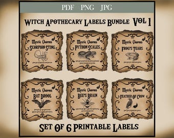 May include: Set of six printable witch apothecary labels with a vintage aesthetic. Each label features a different creature and a whimsical name, such as "Scorpion Sting" and "Bat Drool".