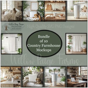 May include: A bundle of 10 country farmhouse mockups featuring various scenes, including a living room with a couch and throw pillows, a kitchen with a farmhouse sink, and a bathroom with a shower curtain. The mockups are perfect for showcasing your designs and products in a rustic setting.
