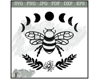 Bee and Moon Phases Graphic: Celestial SVG, PNG, PDF (Digital Download)