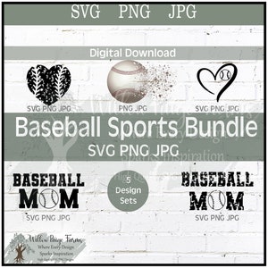 May include: Digital download graphic bundle featuring baseball-themed designs. Includes a baseball heart, a baseball with a disintegration effect, and text that reads "Baseball Sports Bundle" and "Baseball Mom". The designs are in SVG, PNG, and JPG formats.