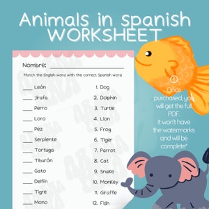 May include: A worksheet for learning Spanish animal names. The worksheet features a colourful illustration of a fish and an elephant. The worksheet includes a list of English animal names and a list of Spanish animal names. The user is asked to match the English word with the correct Spanish word.
