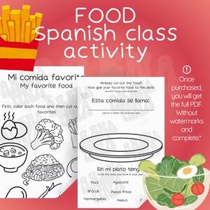 May include: A printable Spanish class activity sheet titled "FOOD Spanish class activity". The sheet features food illustrations, fill-in-the-blank sections, and a section to create a new dish. A red and yellow container of chips is in the upper left corner.